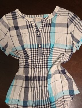 Van Heusen Navy, White & Aqua Plaid Henley Top